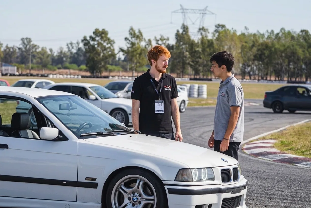Instructor pelirrojo explicando el Curso Pro Driver a un alumno comprometido junto al BMW E36 blanco