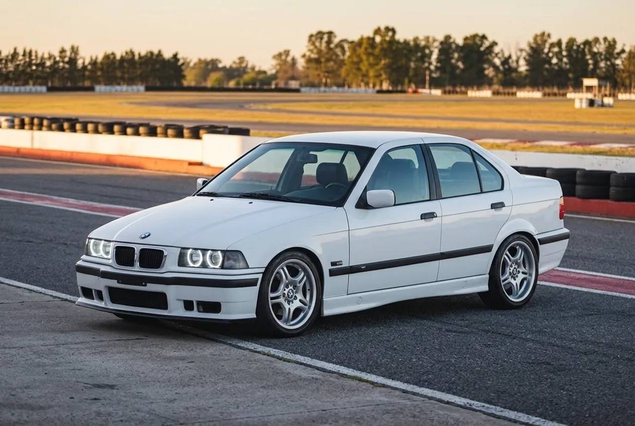 BMW E36 blanco en pose estatica en el autodromo: el auto que manejas una hora entera por sesion