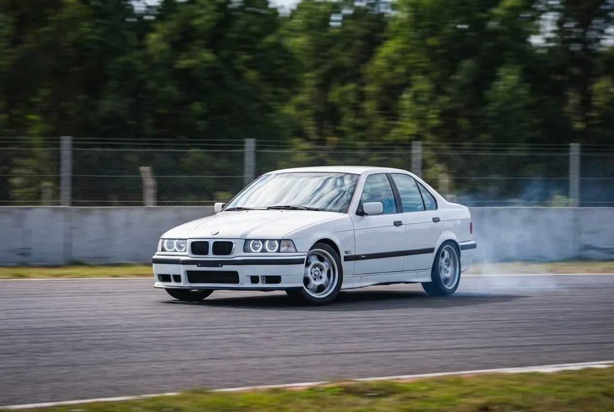 BMW E36 blanco en un primer derrape suave: una clase suelta es solo una probada, progresar lleva mas