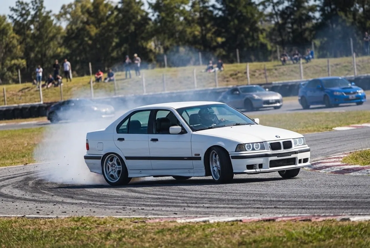 BMW E36 blanco derrapando en un track day ante otros autos y publico: refinamiento de la sesion 5 en adelante