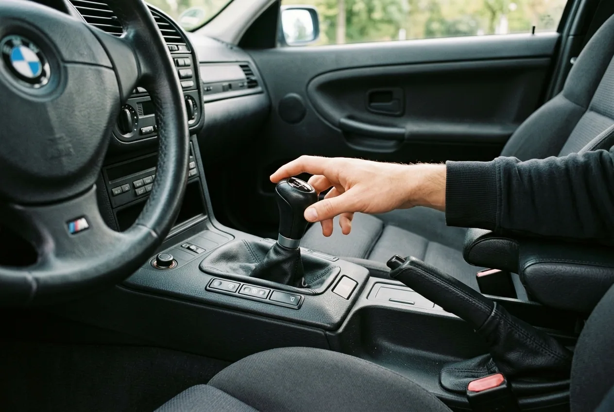 Mano sobre la palanca de cambios manual del BMW E36 RWD: el mismo auto en cada sesion del paquete