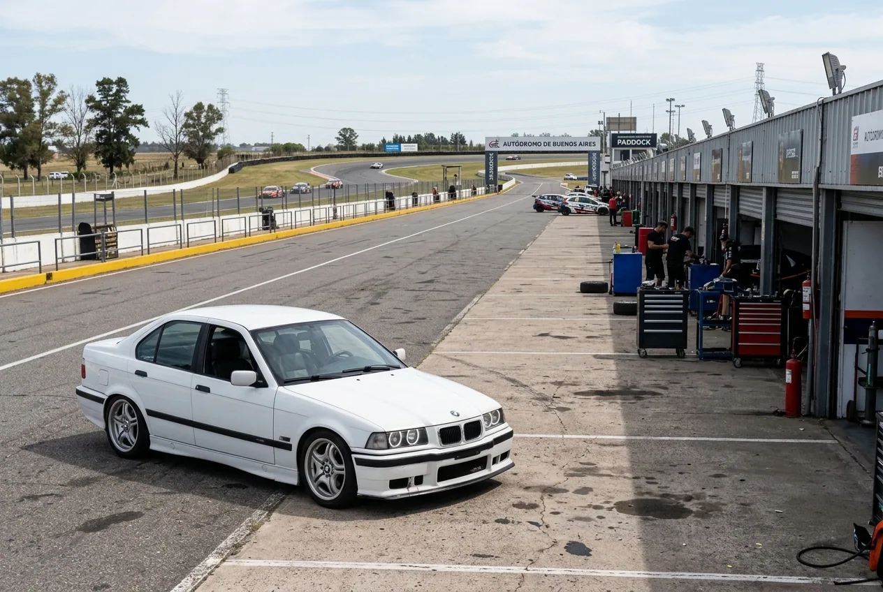 BMW E36 blanco en boxes del autodromo en las afueras de Buenos Aires, donde se hacen las sesiones