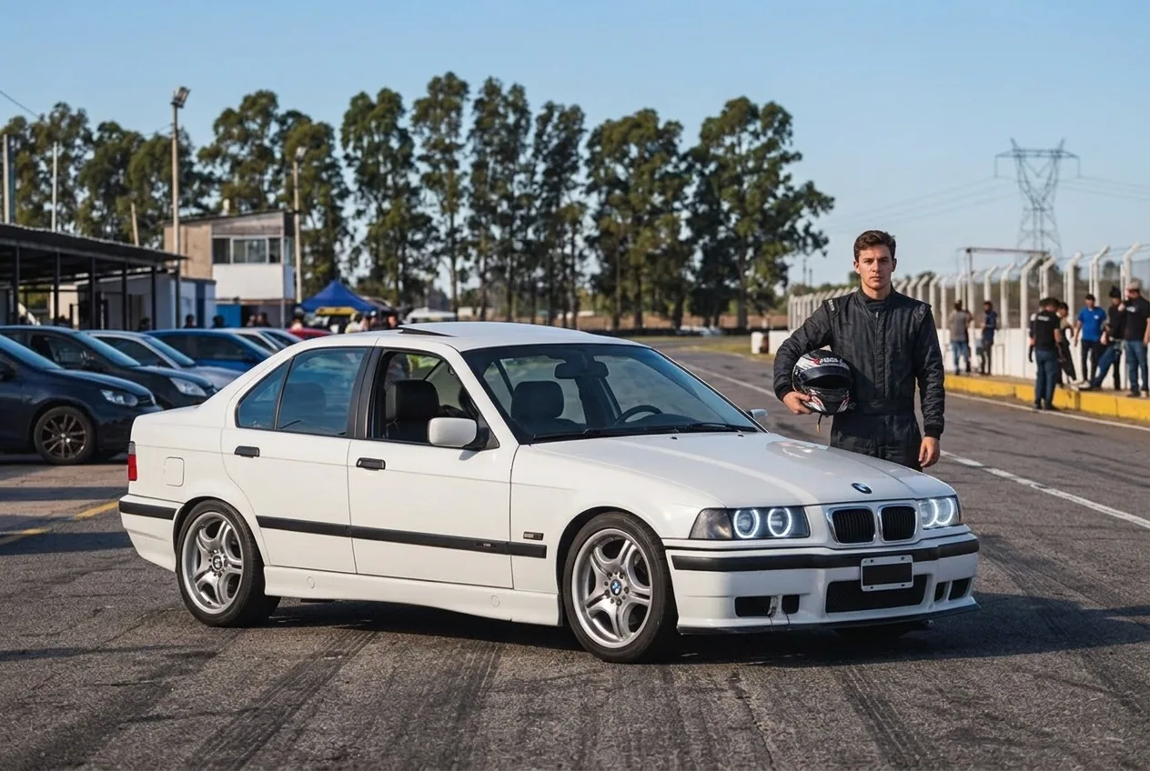 Alumno decidido con casco junto al BMW E36 blanco, listo para comprometerse con el curso completo