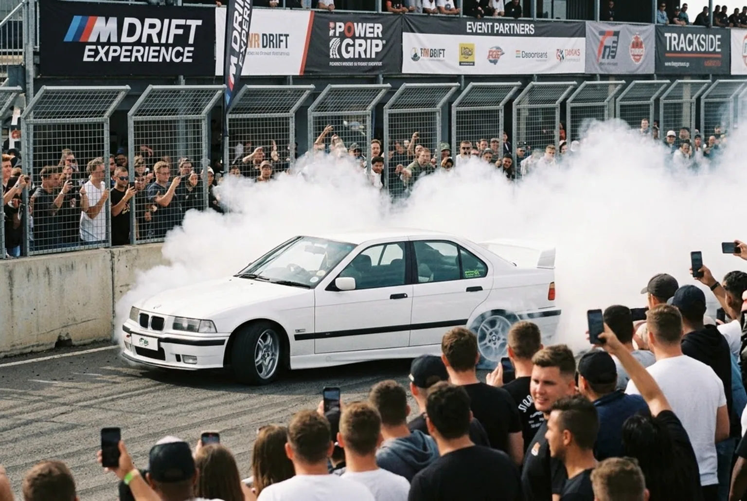 BMW E36 derrapando con humo de neumatico frente a una multitud en una activacion de marca corporativa en Buenos Aires