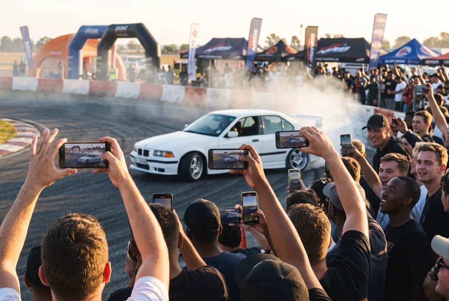 Multitud filmando con celulares un drift show de marca mientras el BMW E36 derrapa en Buenos Aires