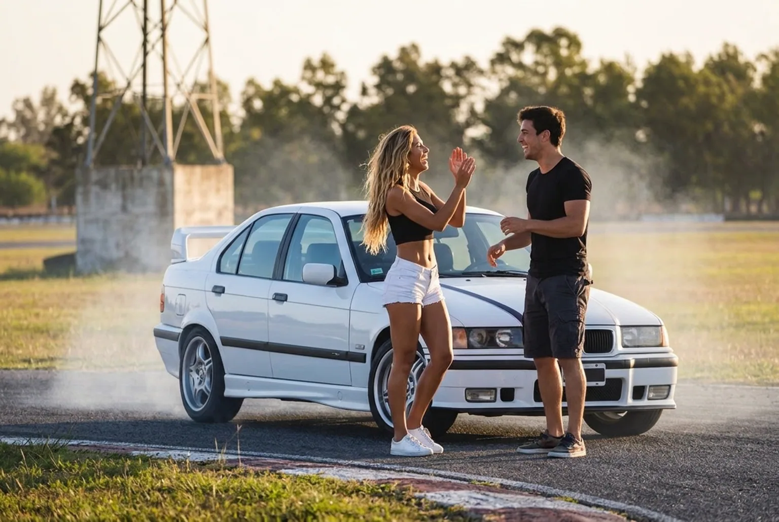 Pareja viviendo una actividad de adrenalina extrema manejando un BMW E36 en derrape en autodromo cerca de Buenos Aires