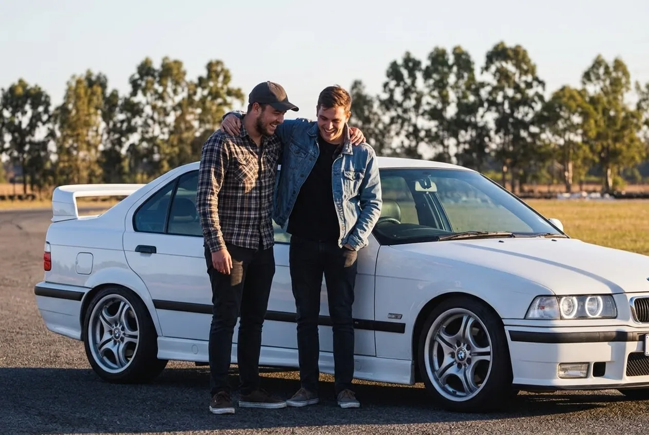 Dos amigos rien juntos al lado del BMW E36 blanco al atardecer, regalo de experiencia compartida de drift en Buenos Aires