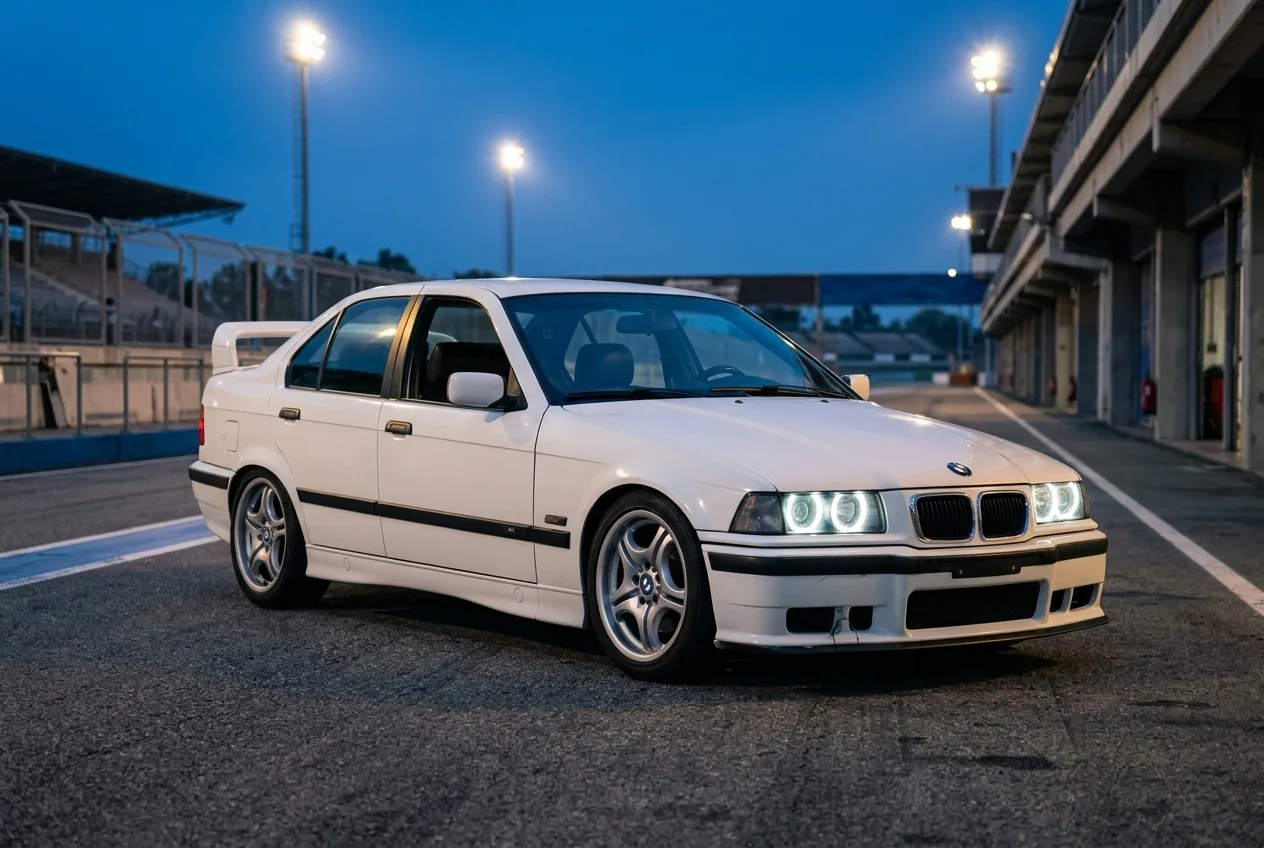 BMW E36 blanco con faros angel-eyes y aleron ducktail estacionado en boxes al anochecer para la clase de drift compartida