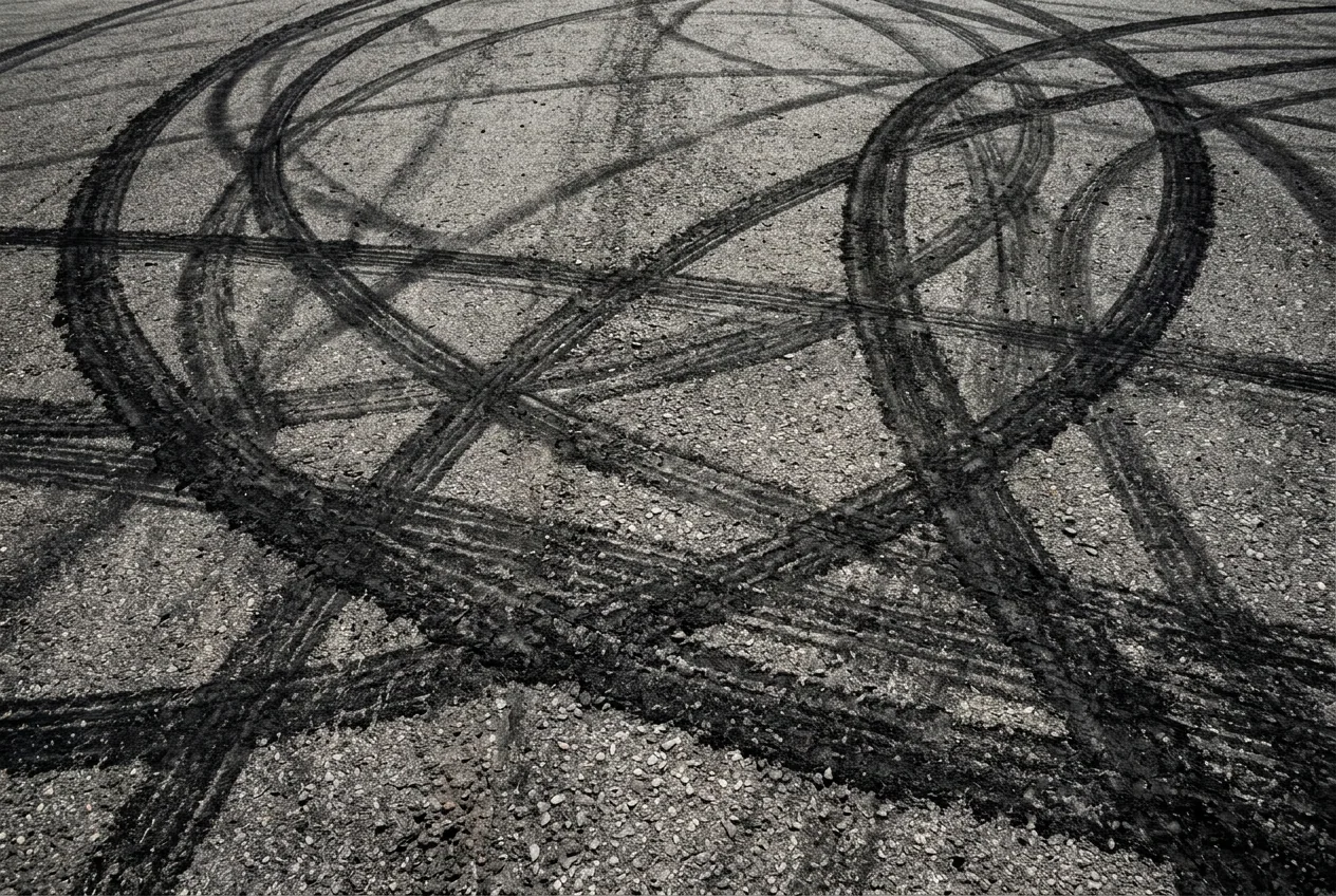 Marcas de neumaticos negras de donuts y transiciones quemadas en el asfalto de la pista de drift en Buenos Aires