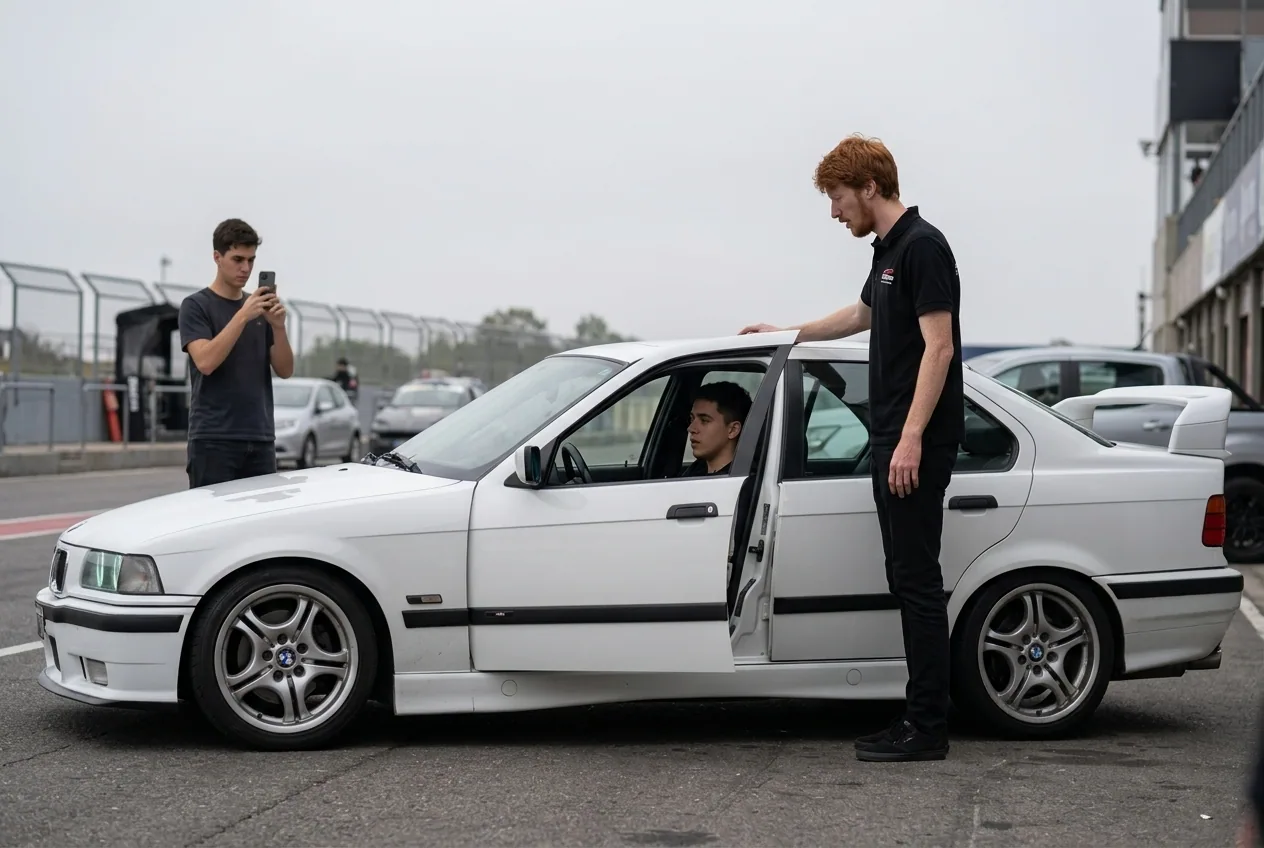 Instructor pelirrojo de polo negro explica el briefing junto a la puerta del BMW E36 mientras el amigo filma con el celular
