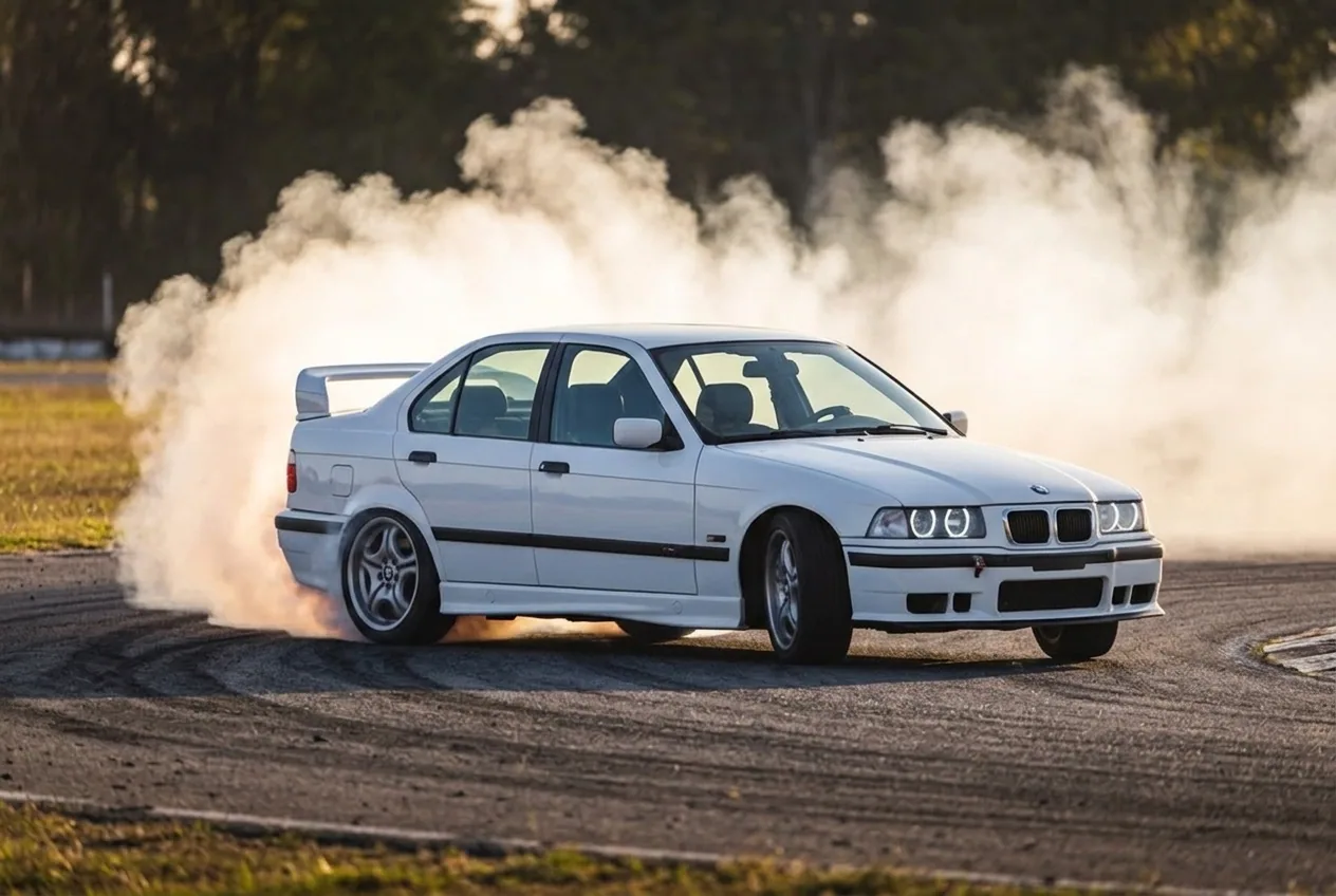 BMW E36 blanco en pleno derrape lateral soltando humo en la pista cerrada, regalo de cumpleanos de drift en Buenos Aires