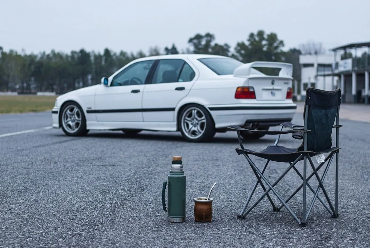 Box tranquilo de autodromo con BMW E36 blanco al fondo antes de una clase de drift cerca de Buenos Aires
