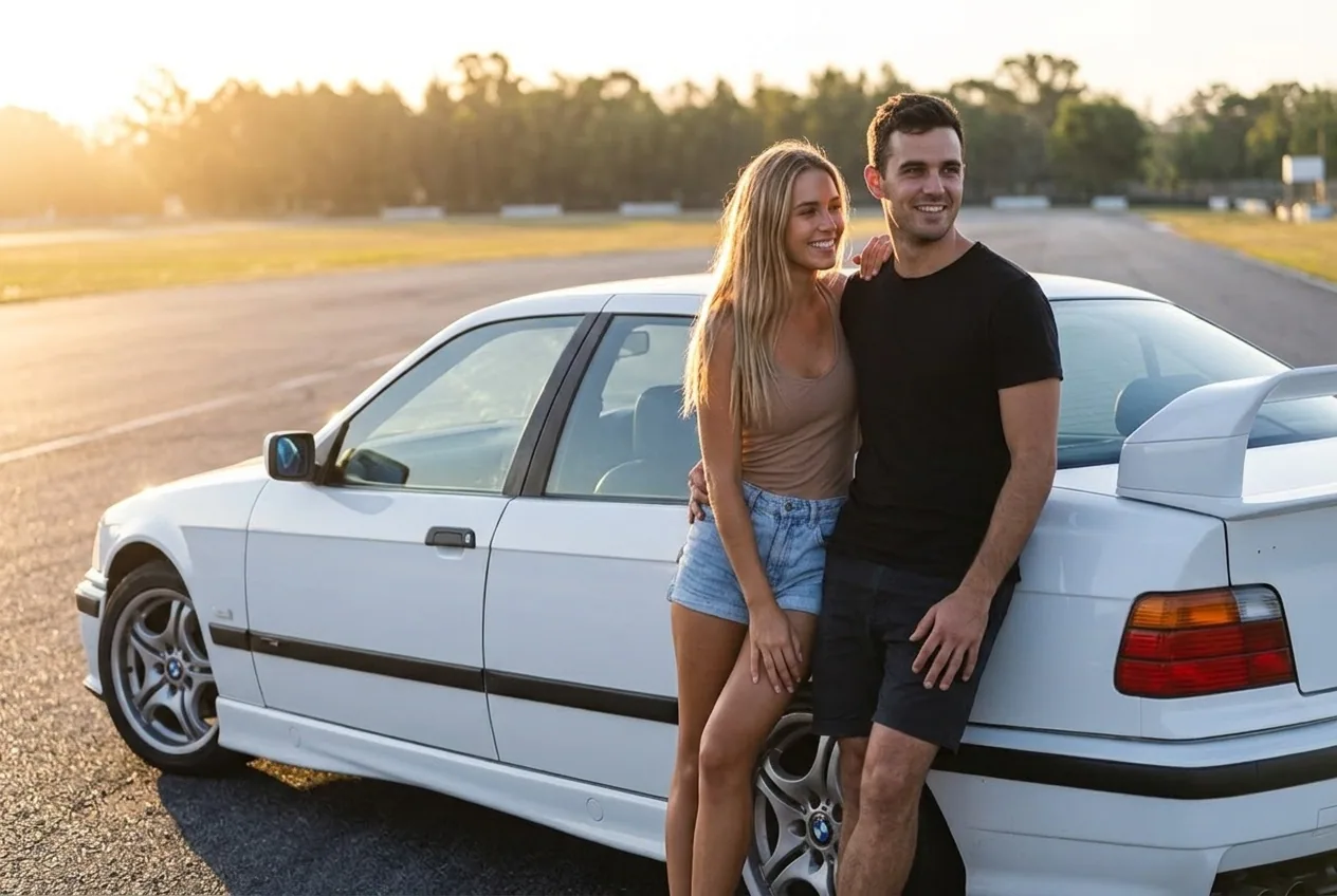 Pareja joven riendo apoyada en el BMW E36 blanco antes de su clase de drift de aniversario en Buenos Aires