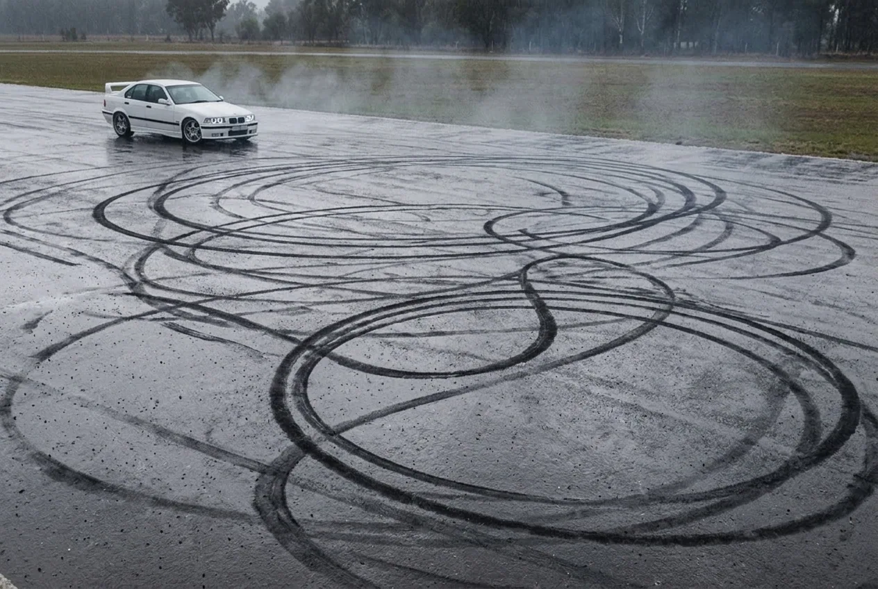 Marcas de neumaticos de derrape sobre el asfalto mojado del autodromo tras una clase de drift en Buenos Aires