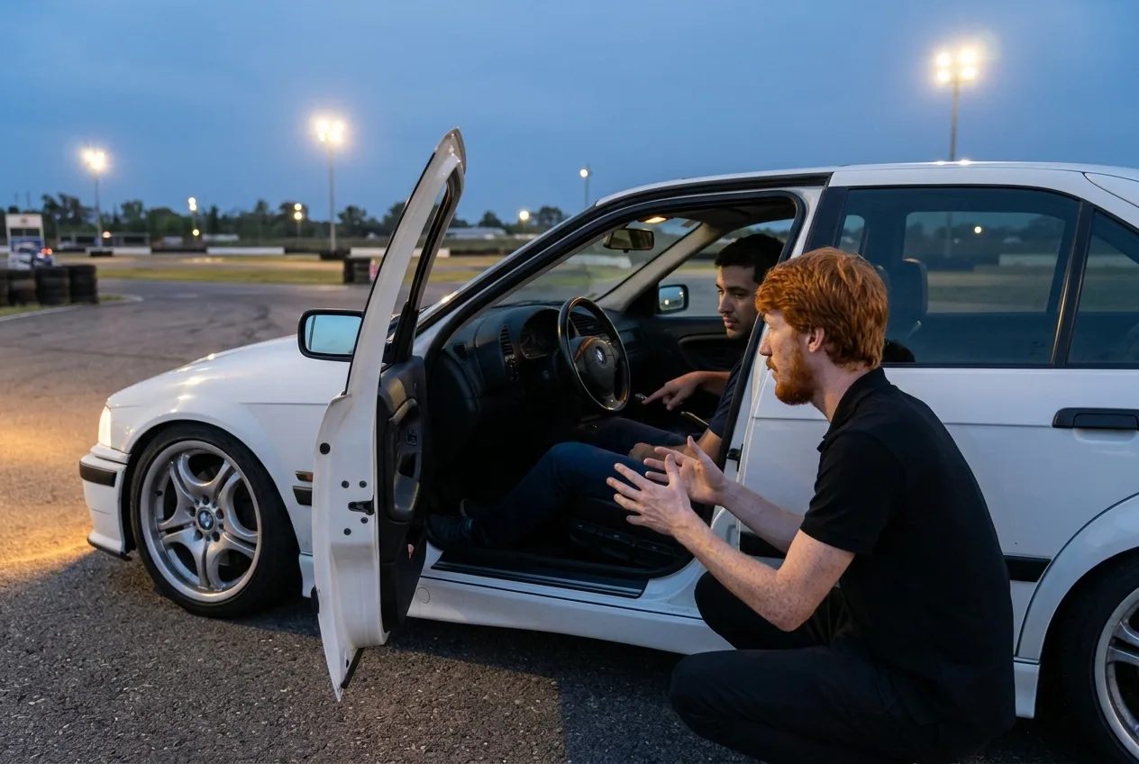 Instructor pelirrojo explicando el manejo del BMW E36 a un alumno antes de la clase de drift en Buenos Aires