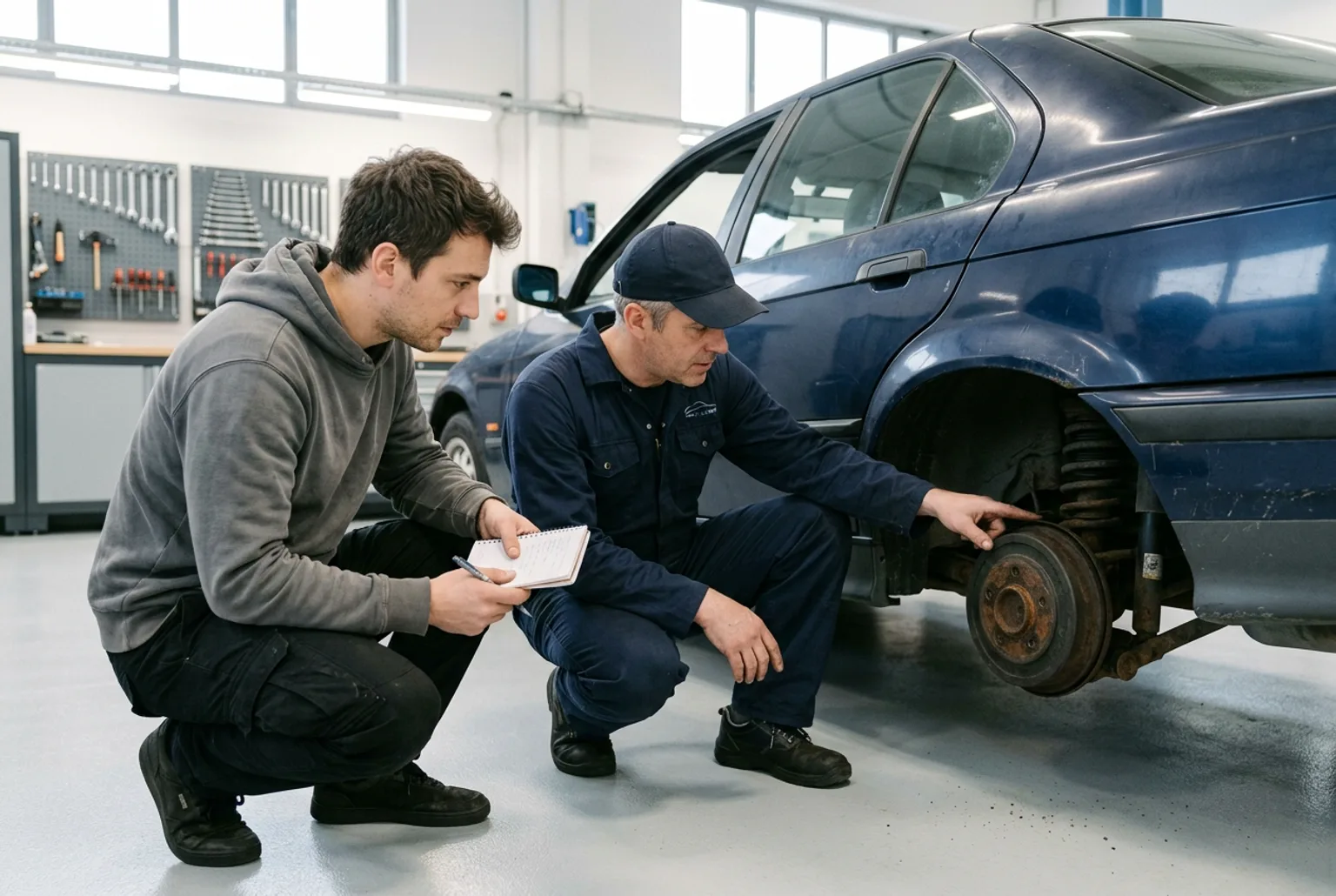 Comprador con anotador y mecanico de mameluco azul agachados revisando la rueda trasera de un BMW E36 azul gastado en un taller limpio