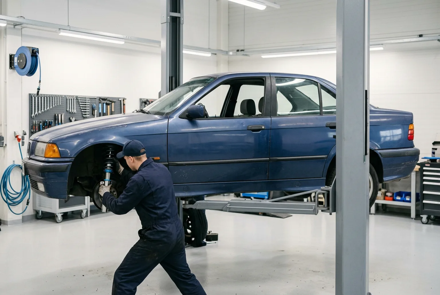 Mecanico de mameluco azul instalando una espiral regulable roscada en el paso de rueda delantero del BMW E36 azul sobre un elevador