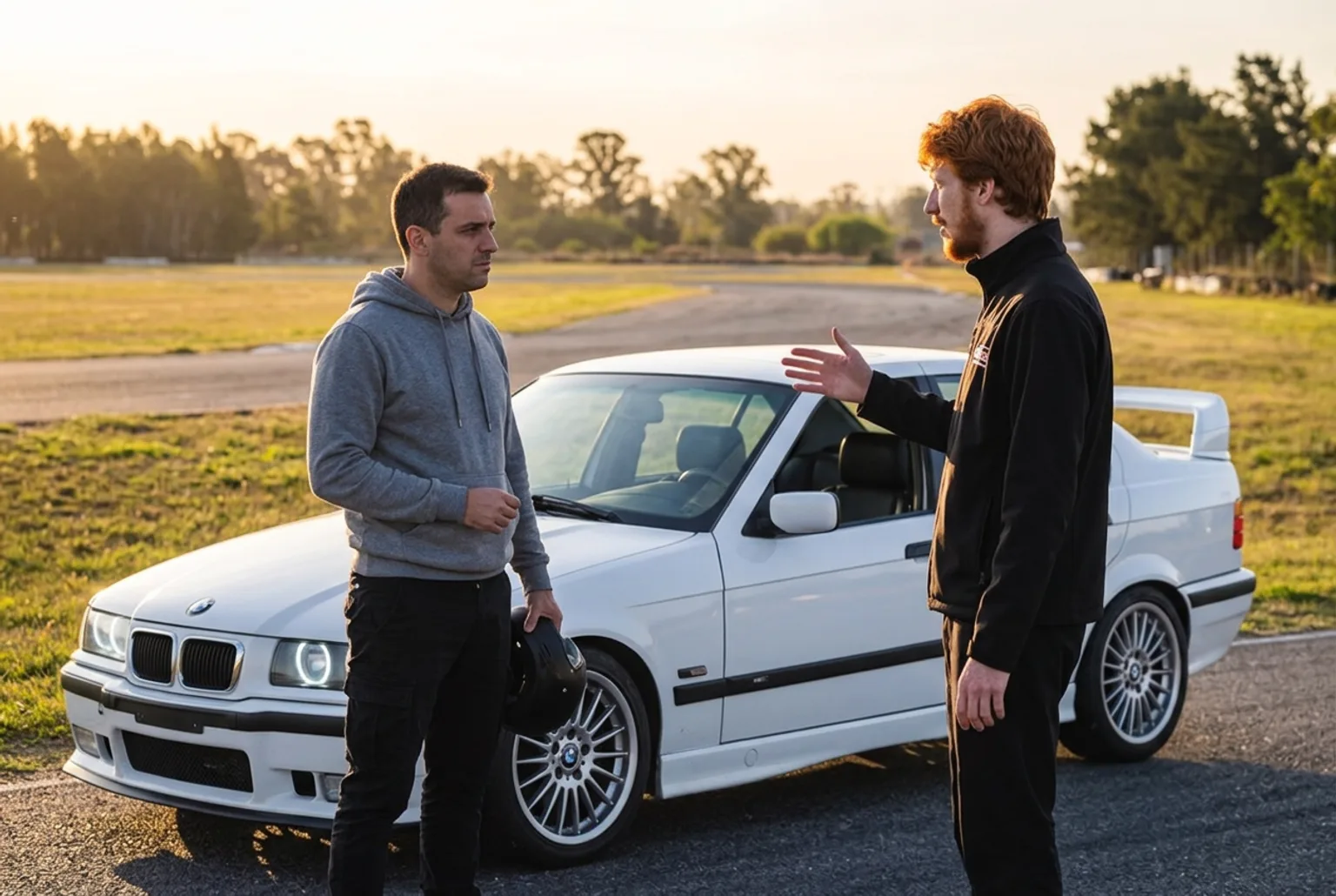 Instructor pelirrojo explicando con la mano abierta a un alumno de buzo gris con casco junto al BMW E36 blanco de la escuela al atardecer