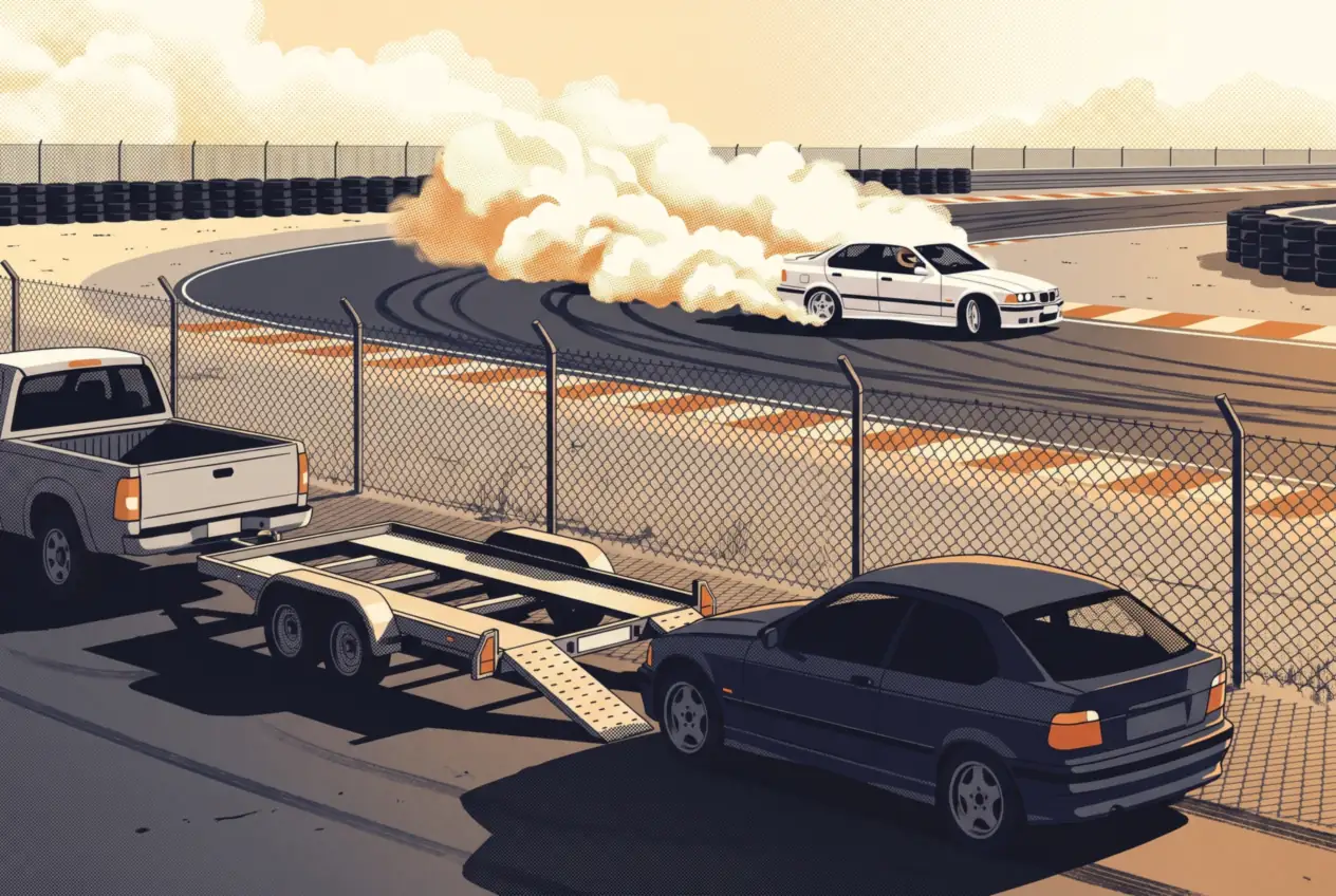 Auto de pista recién bajado del tráiler mientras el BMW E36 blanco de la escuela derrapa en el circuito