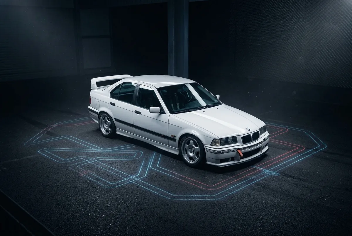 Mapa mental de los autodromos de Argentina para drift con un BMW E36 blanco en primer plano sobre el asfalto