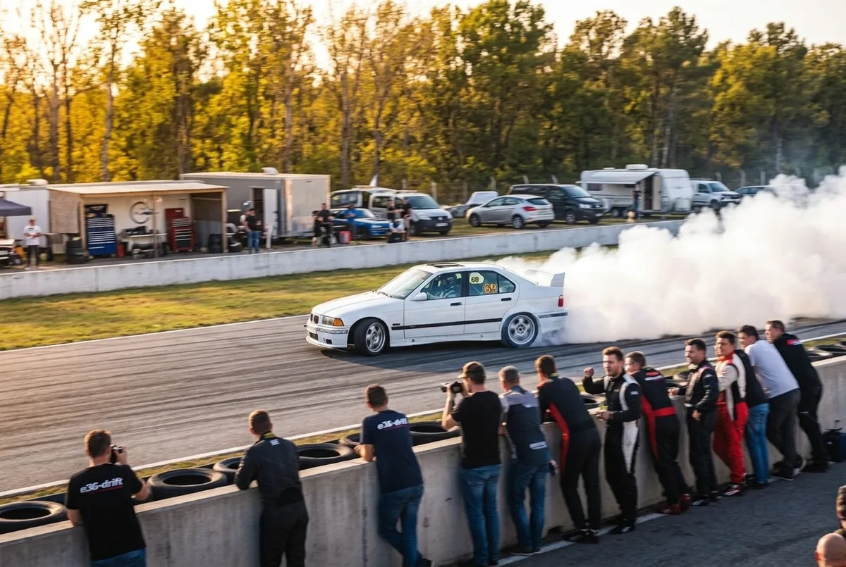 BMW E36 blanco haciendo drift con nube de humo en recta de autodromo, comunidad de pilotos mirando desde boxes