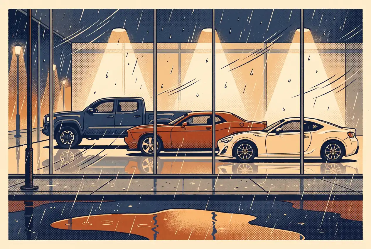 Concesionaria de noche bajo la lluvia, con una pickup, un coupé V8 y un deportivo chico detrás del vidrio