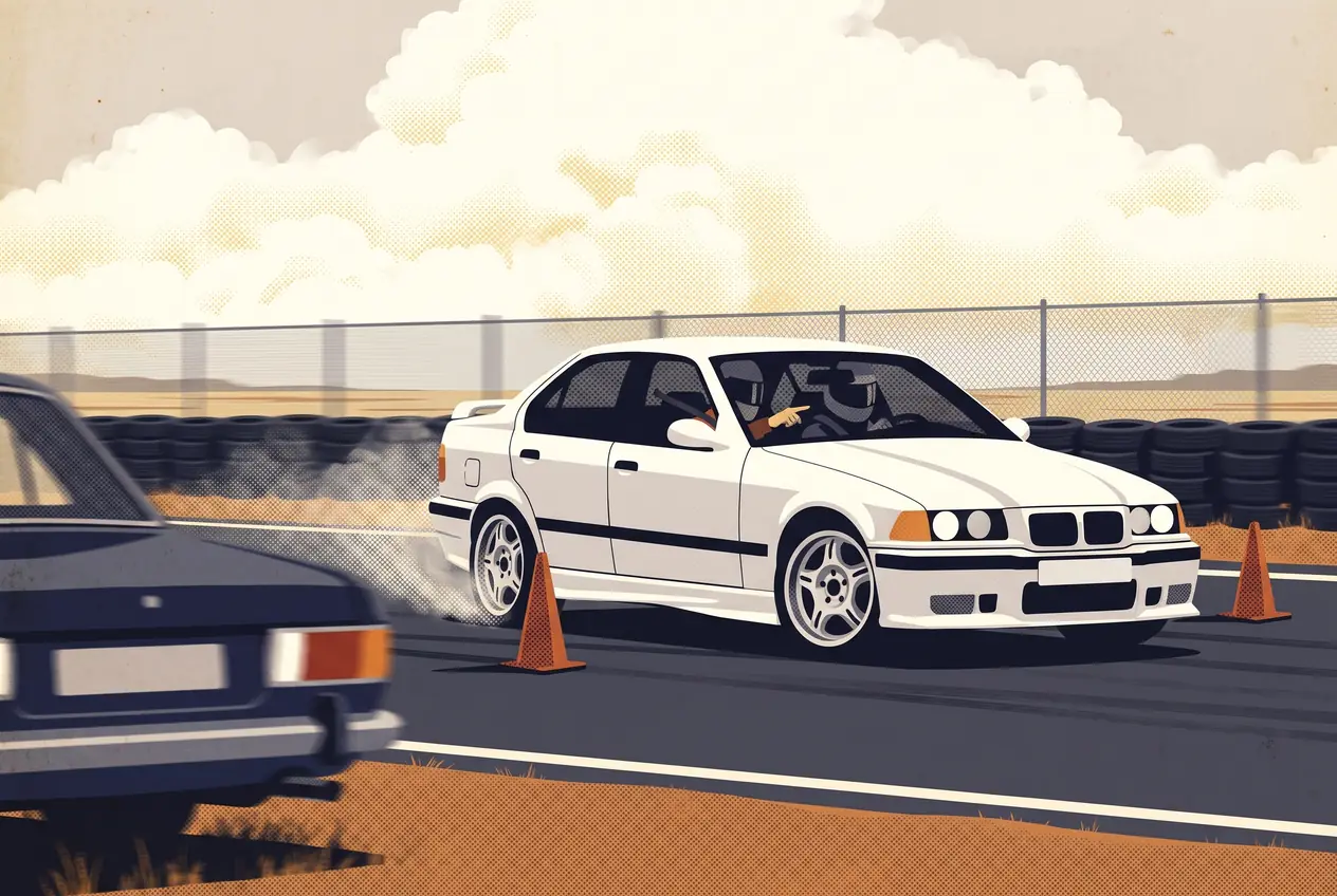BMW E36 blanco pasando lento entre conos en la pista, con el alumno al volante y el instructor al lado