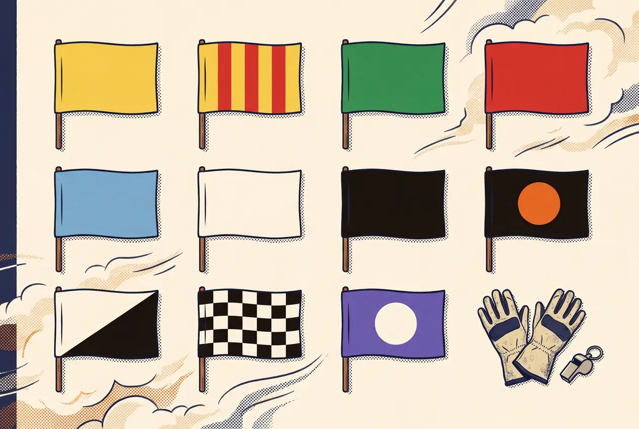 Juego completo de banderas de señalización del automovilismo extendidas sobre una lona, con guantes y silbato