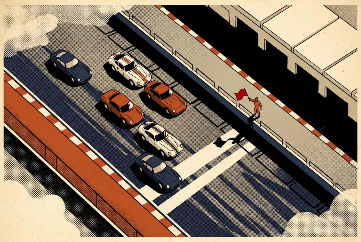 Vista aérea de autos de carrera detenidos en la recta mientras un banderillero agita la bandera roja