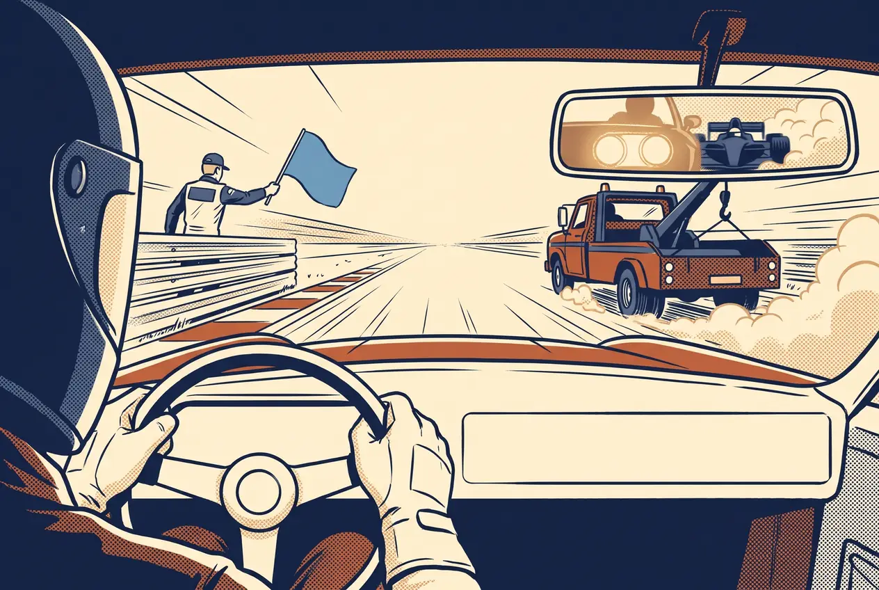 Desde el volante, un banderillero agita la bandera azul claro mientras adelante avanza una grúa lenta