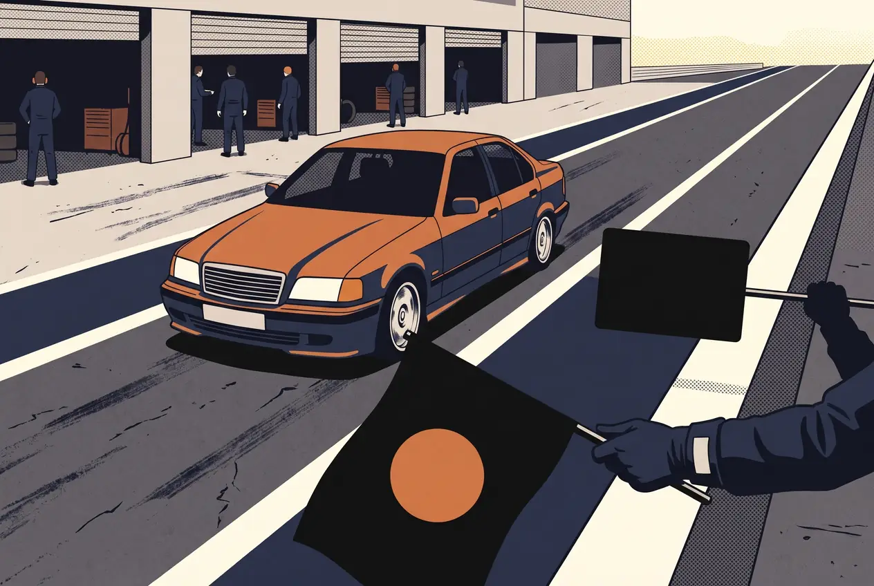 Auto de turismo entrando a boxes mientras le muestran la bandera negra con disco naranja y un cartel negro