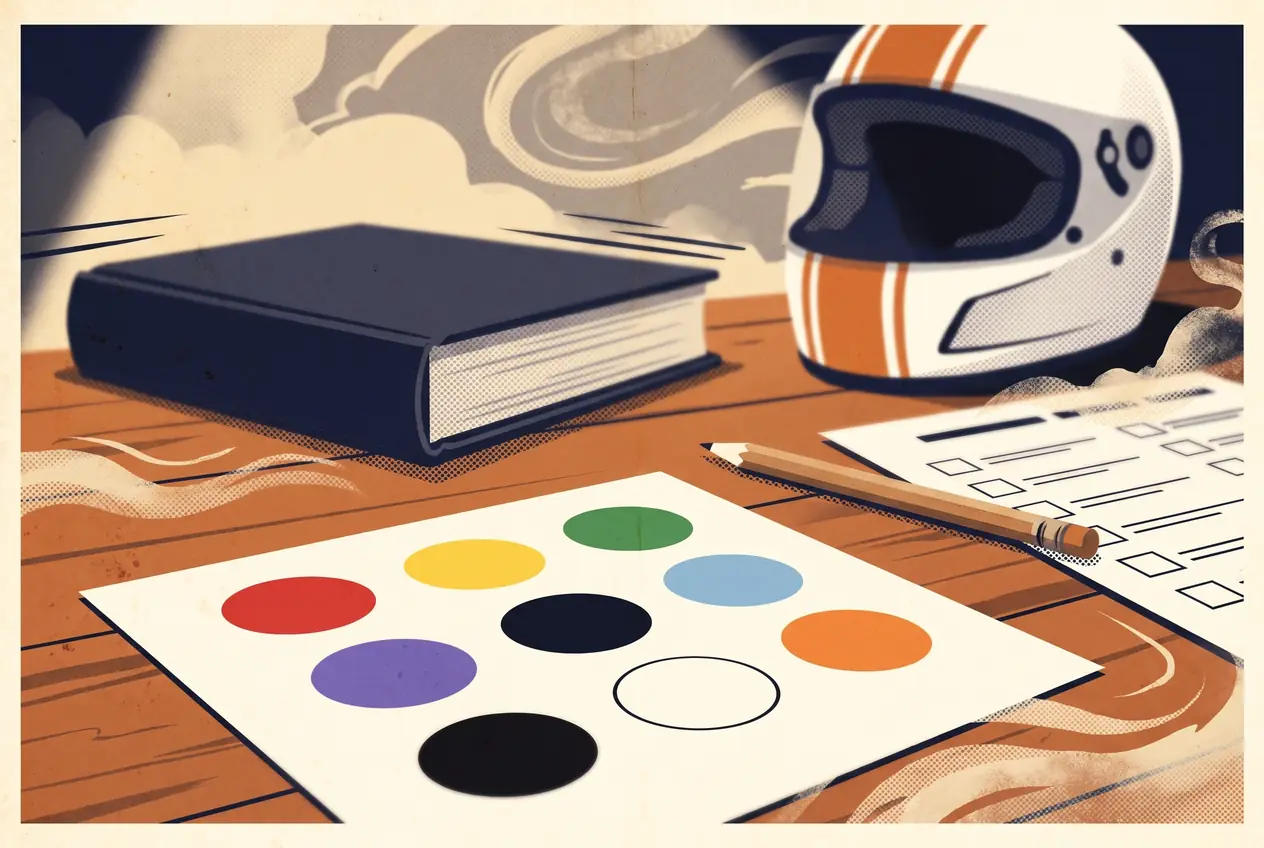 Libro de reglamento, tarjeta con los colores de las banderas, lápiz y casco sobre un escritorio de examen