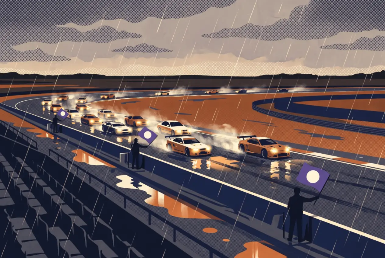 Autos avanzando despacio bajo la lluvia mientras los banderilleros muestran la bandera violeta del Code 60