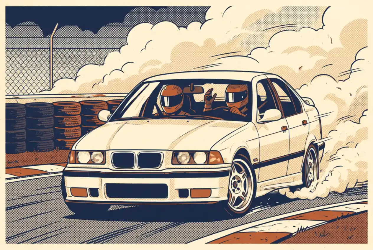 BMW E36 blanco de la escuela derrapando en pista cerrada, con alumno al volante e instructor de acompañante