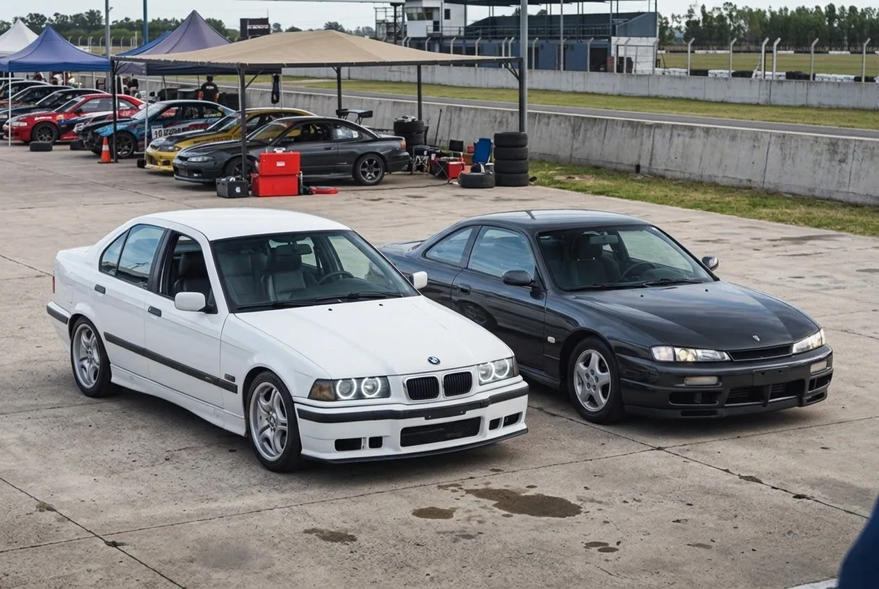 BMW E36 blanco y Nissan Silvia estacionados lado a lado en el paddock — las dos opciones para elegir auto de drift