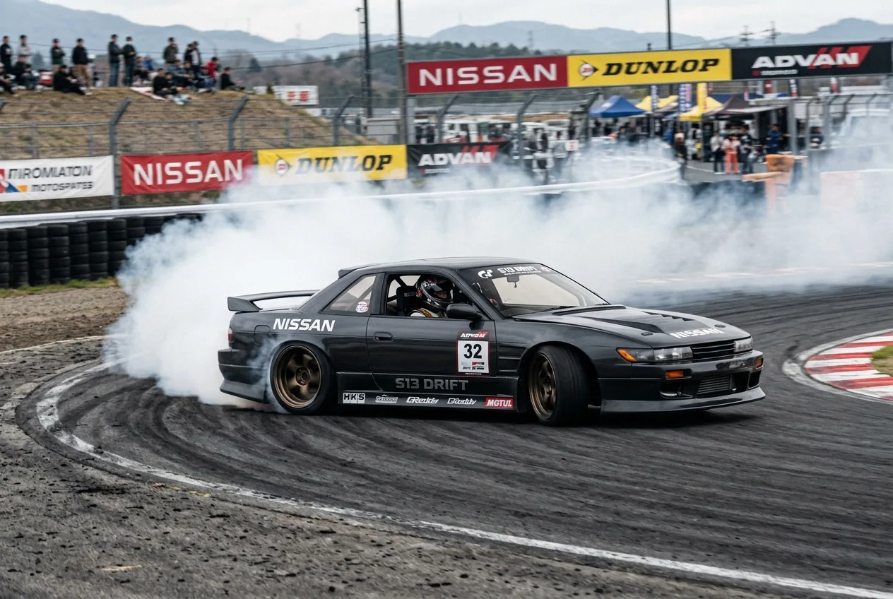 Nissan Silvia derrapando en un evento de drift — la opcion Nissan