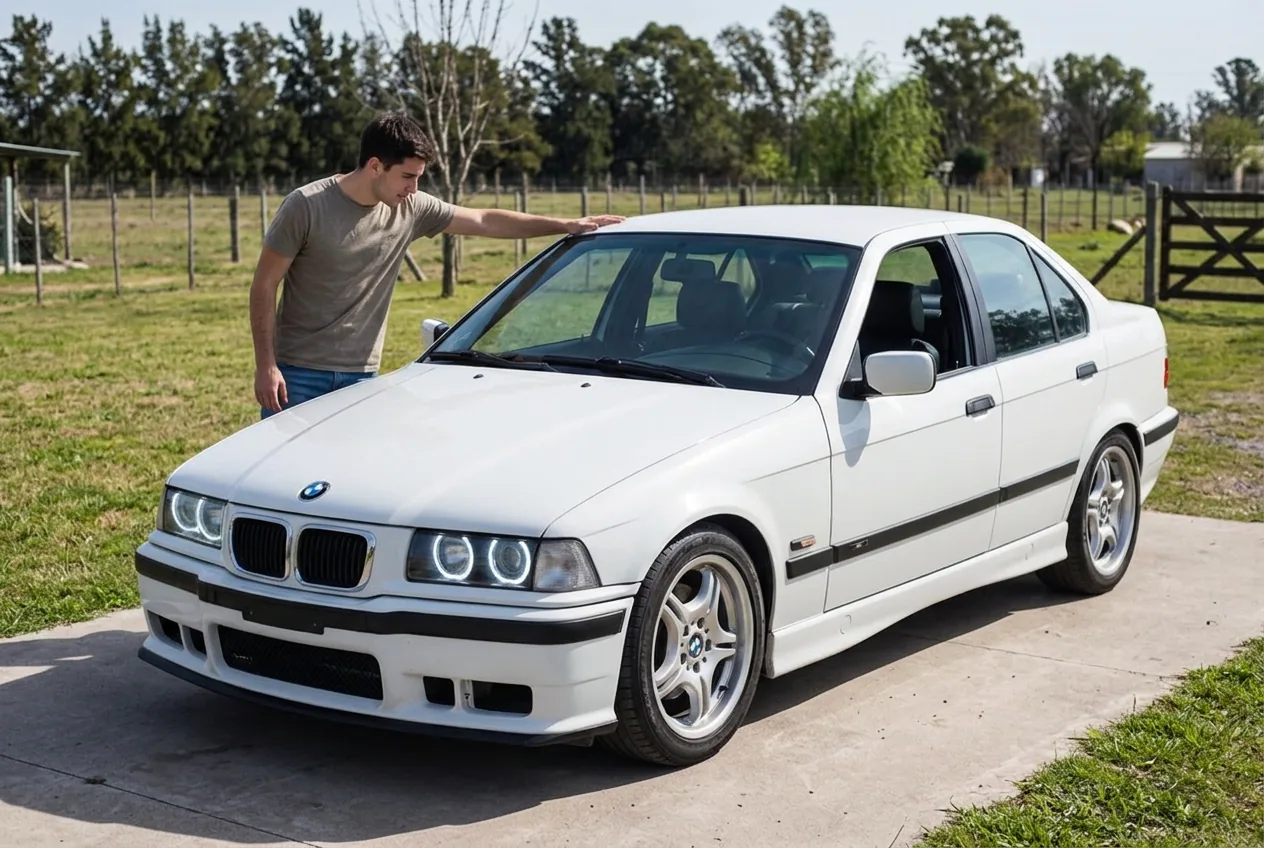 Joven revisando un BMW E36 blanco para comprar su primer auto de drift
