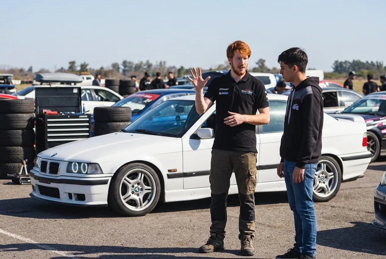 Instructor explicando junto al BMW E36 blanco de la escuela — por que ensenamos en este auto