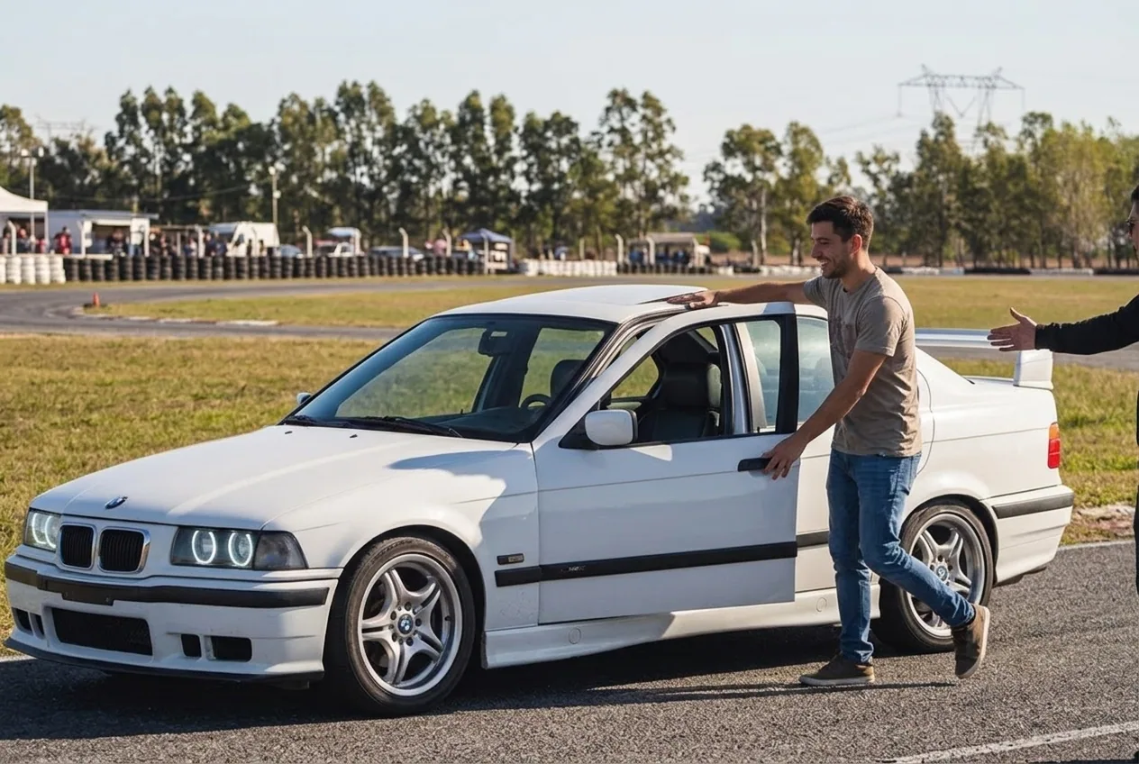 Alumno por subirse al BMW E36 blanco a probar drift antes de comprar — veni a manejarlo