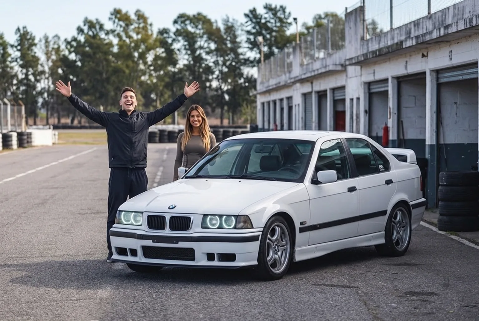 Hombre sorprendido con los brazos abiertos frente al BMW E36 blanco en el paddock, regalo revelado en la pista