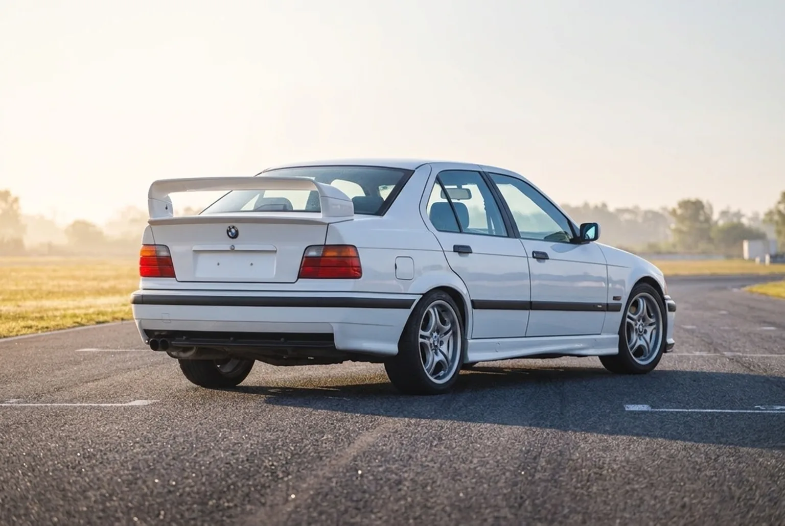 BMW E36 blanco estacionado en el paddock al amanecer con el spoiler ducktail en primer plano