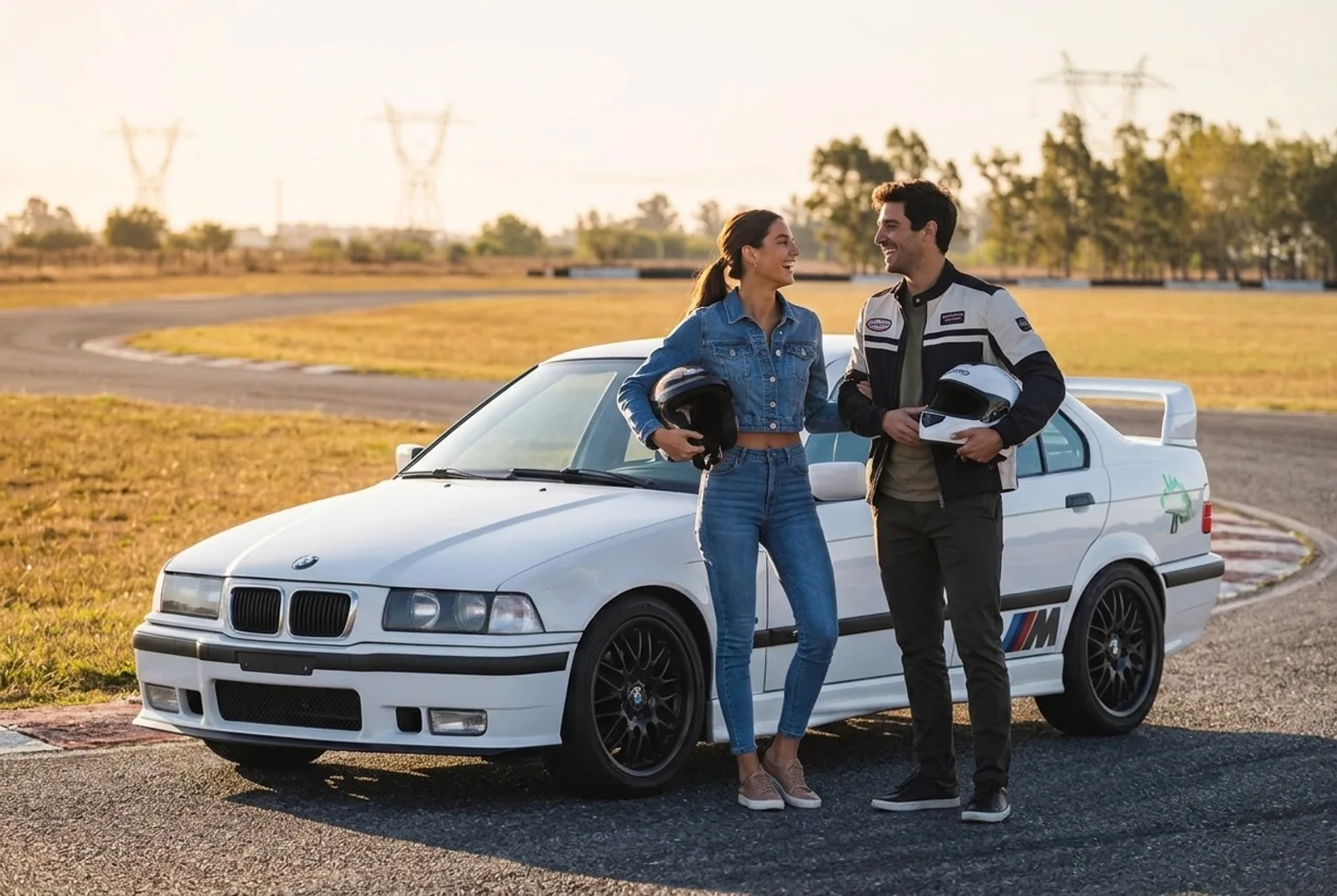 Pareja con casco al lado de un BMW E36 antes de una clase de drift en pista cerrada cerca de Buenos Aires