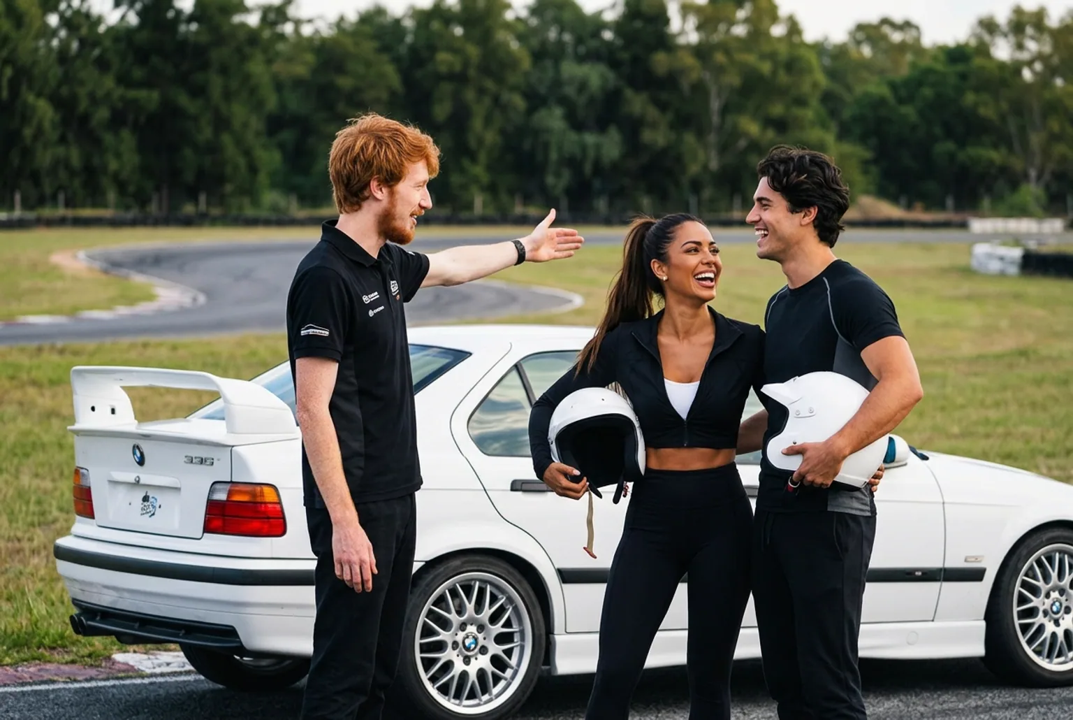 Dos alumnos riendose junto al BMW E36 mientras el instructor les explica antes de la tanda de drift