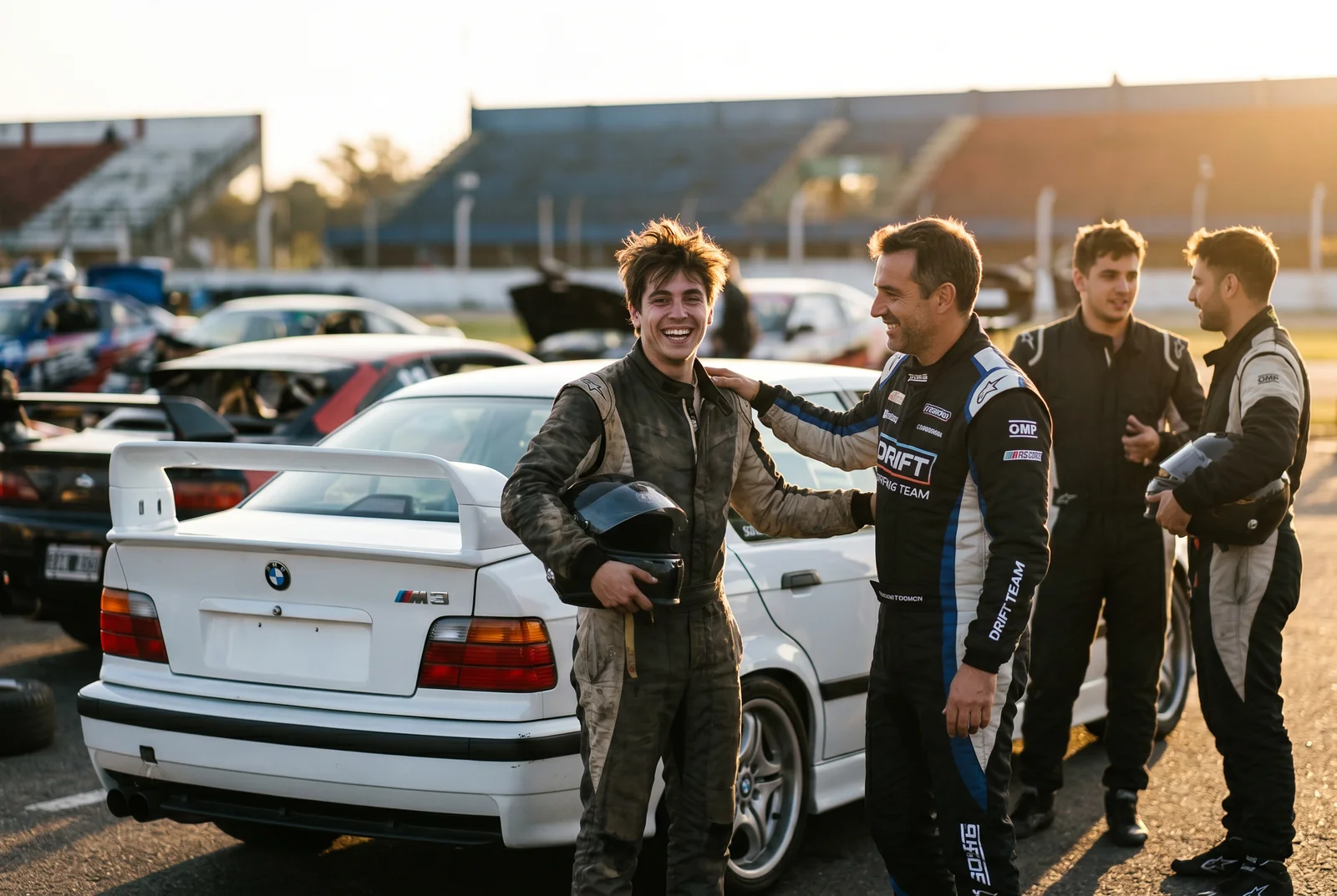 Alumno sonriendo con el instructor y otros pilotos despues de su primera clase de drift al atardecer en autodromo argentino