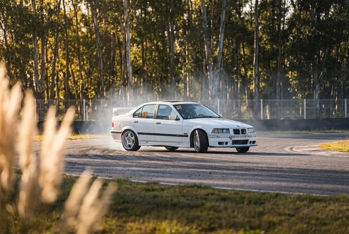 Белый BMW E36 номер 69 в заносе боком с дымом покрышек на закрытом автодроме Буэнос-Айреса в час заката