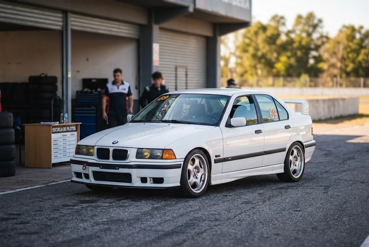 Белый BMW E36 номер 69, подготовленный для дрифта, стоит в пит-лейне аргентинского автодрома в ожидании урока