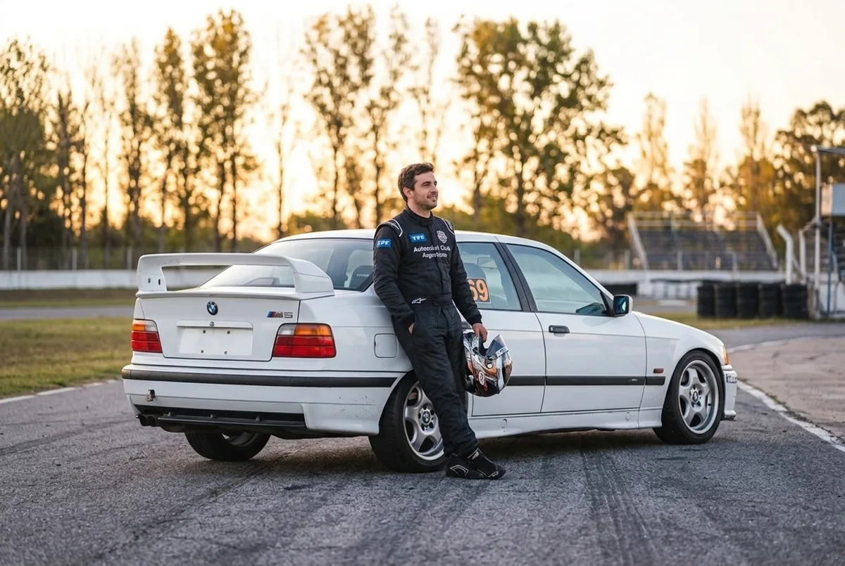 Ученик облокотился на BMW E36 со шлемом под мышкой на закате, уже думая вернуться после первого урока дрифта