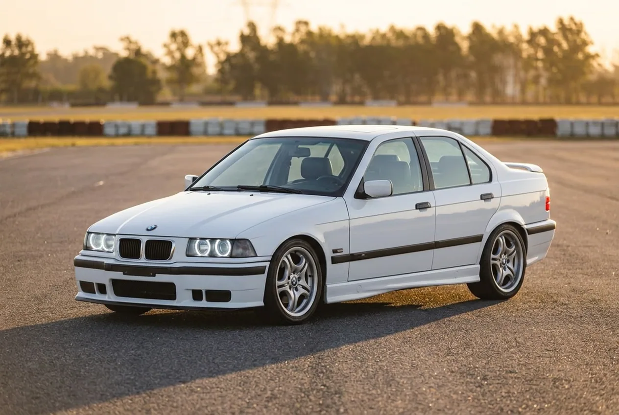 BMW E36 blanco preparado para drift en el pit lane de un autodromo cerca de Buenos Aires