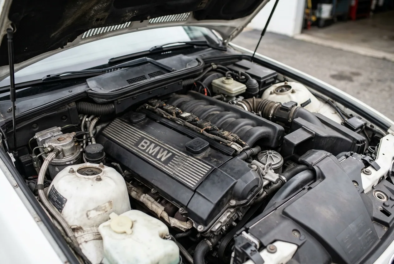 Motor seis cilindros en linea del BMW E36 en el vano del motor, la entrega de potencia progresiva que lo hace ideal para aprender a driftear