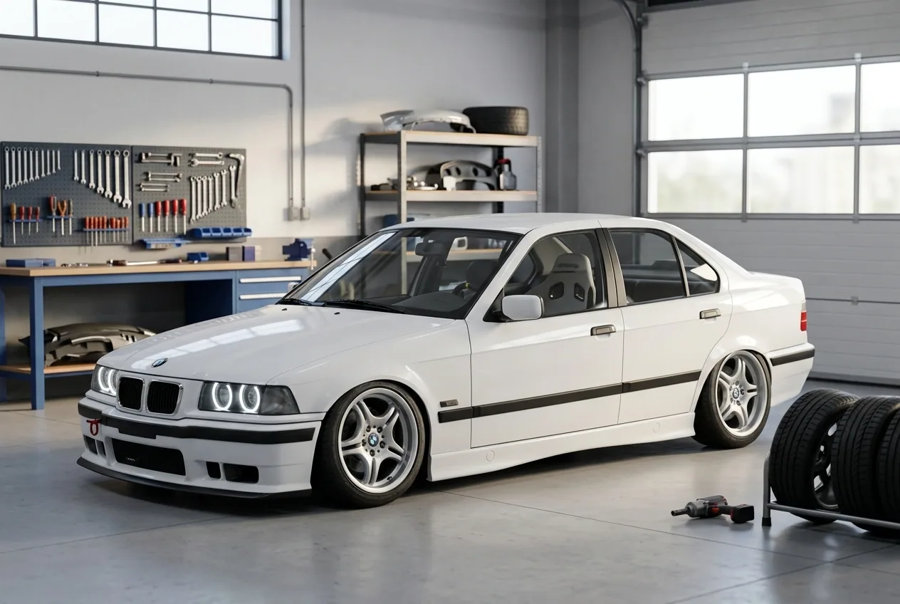 BMW E36 blanco preparado para drift en el taller, postura baja y llantas M de competicion